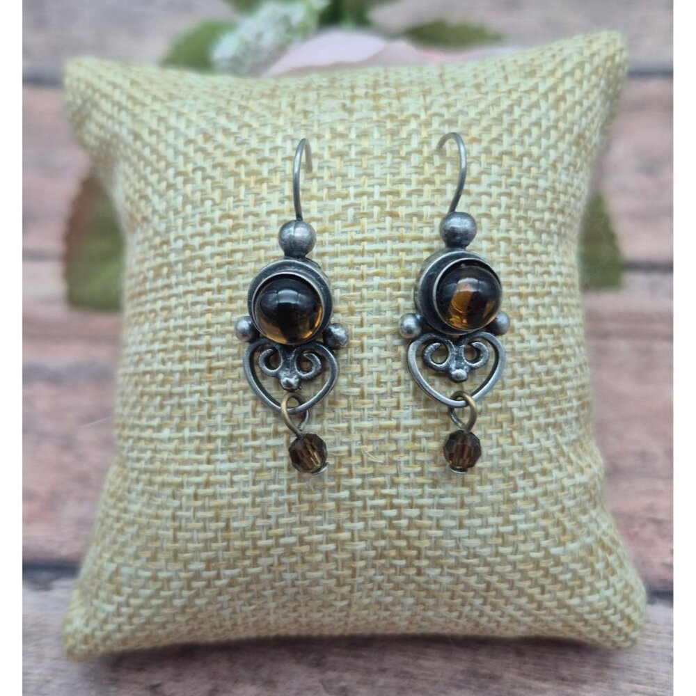 Vintage Ornate Dangle Earrings With Amber-Colored Glass Beads & Filigree Design